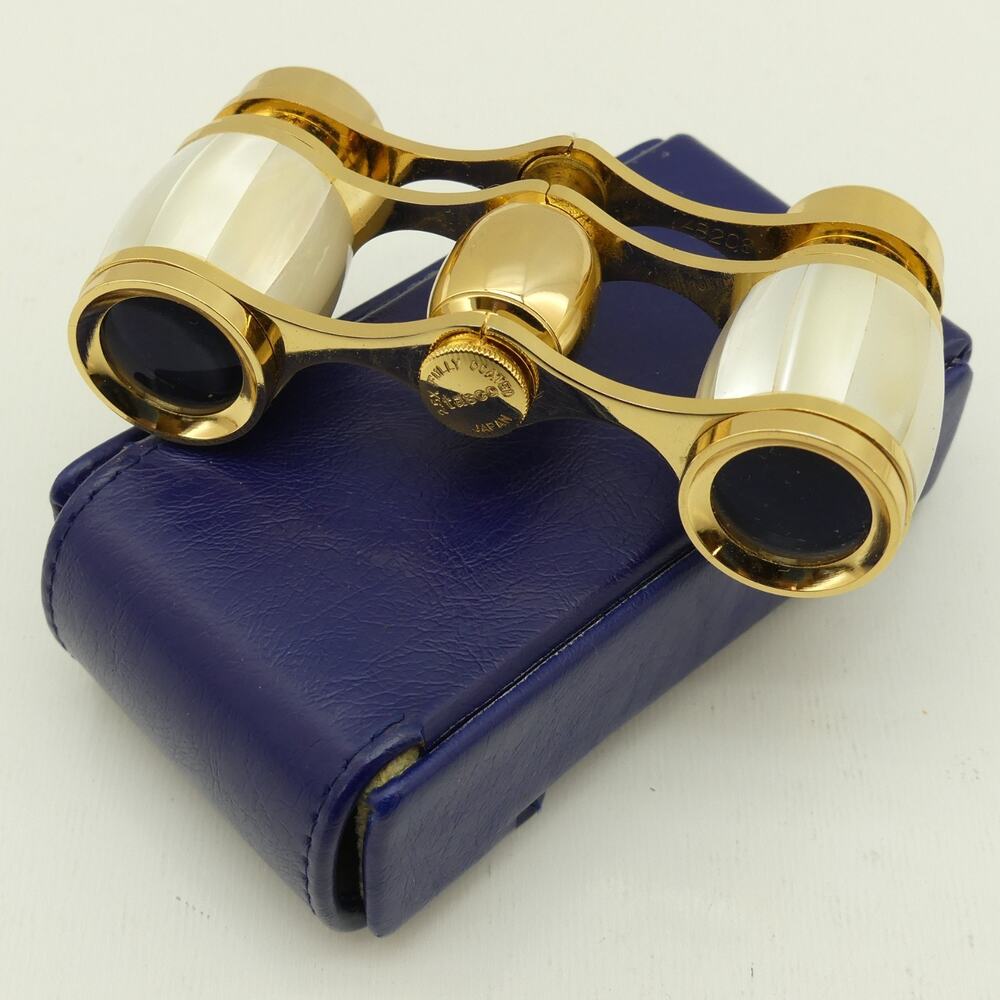 Vintage Tasco 2.5x Mother of Pearl Opera Glasses Gold w/ Blue Case Japan